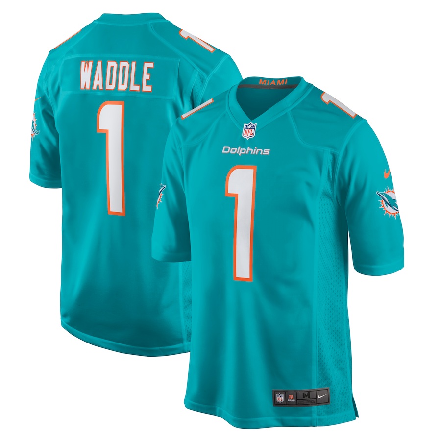 Custom Mens Miami Dolphins 1 Jaylen Waddle Nike Aqua 2021 NFL Draft First Round Pick Game Jersey